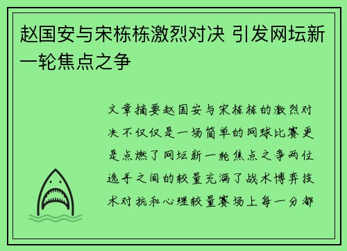 赵国安与宋栋栋激烈对决 引发网坛新一轮焦点之争